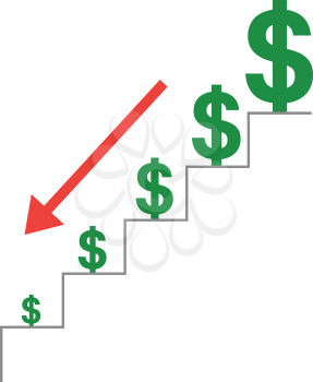 Vector grey stairs with green dollars on top and red arrow moving down