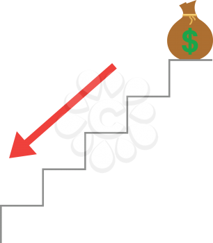 Vector grey stairs with brown money sack with dollar symbol on top and red arrow moving down.