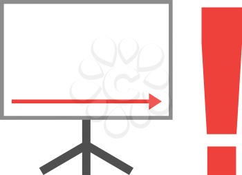 Vector white board with red arrow pointing right down with red exclamation mark.