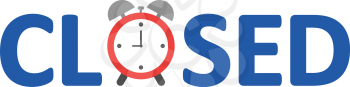 Vector blue closed text with red alarm clock.
