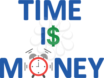 Vector time is money text with dollar and alarm clock shaking and ringing.