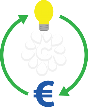 Vector yellow light bulb and blue euro symbol with green cycle arrows.