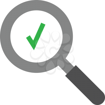Vector grey magnifier with green check mark symbol.