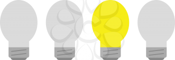 Three vector grey and one glowing yellow light bulb.