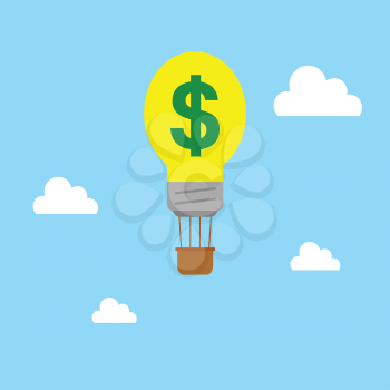 Vector yellow bulb balloon with dollar symbol and brown basket on cloudy blue sky.
