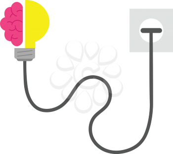 Vector pink brain and yellow light bulb plugged.