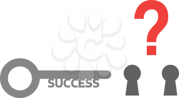 Vector grey success key with two keyholes and red question mark on top.
