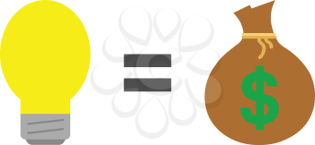 Vector yellow light bulb equals brown sack with dollar symbol.