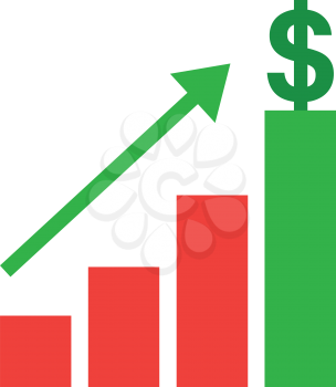 Vector red and green bar chart and dollar symbol on top and arrow moving up.