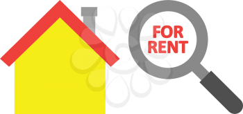 Vector yellow house with red for rent text inside grey and black magnifying glass.