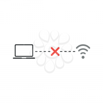 Flat design style vector illustration concept of black laptop connection failure with red x mark to grey wifi wireless symbol icon network on white background.