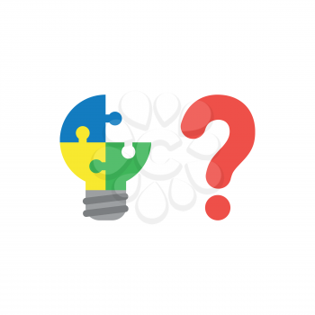 Flat design style vector illustration concept of blue, yellow and green pieces light bulb puzzle symbol icon missing piece with red question mark symbolizes problem on white background.