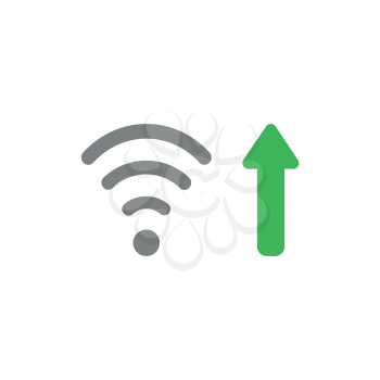 Flat design style vector illustration concept of grey wifi wireless symbol icon with green arrow moving or pointing up symbolizing high-speed internet connection on white background.