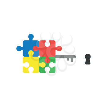 Flat design style vector illustration concept of blue, red, yellow and green jigsaw puzzle pieces key symbol icon and black keyhole on white background.