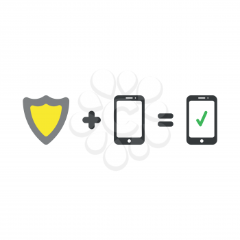 Vector illustration security concept of green and yellow shield guard plus black smartphone equals smart phone with green check mark icons on white background with flat design style.