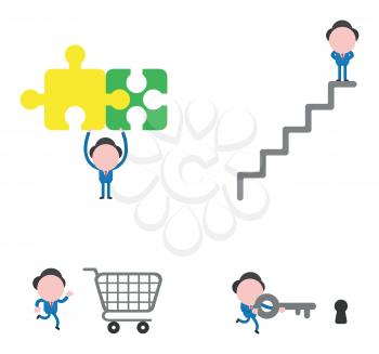 Vector illustration set of businessman mascot character holding up two connected puzzle pieces, on top of stairs, running to shopping cart and running and carrying key to keyhole.