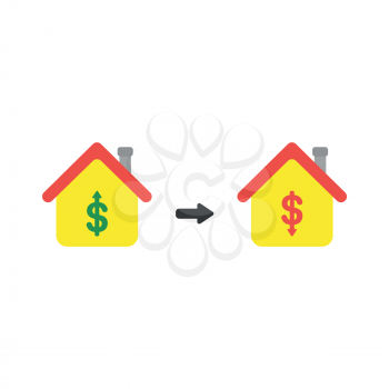 Vector illustration icon concept of house with dollar money symbols and arrows moving up and down.