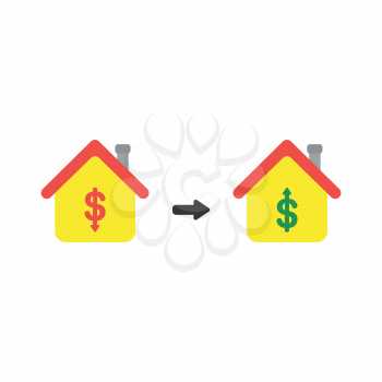 Vector illustration icon concept of house with dollar money symbols and arrows moving down and up.