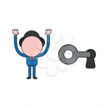 Vector illustration concept of businessman character lock or unlock keyhole with key. Color and black outlines.