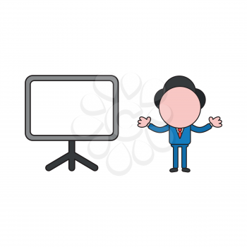 Vector illustration concept of businessman character with blank presentation chart. Color and black outlines.