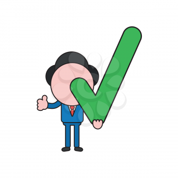 Vector illustration concept of businessman character holding check mark and giving thumbs-up. Color and black outlines.