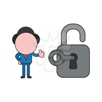 Vector illustration concept of businessman character unlocked padlock with key and giving thumbs-up. Color and black outlines.