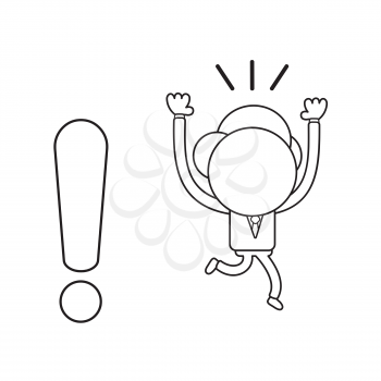 Vector illustration concept of businessman character running away from exclamation mark. Black outline.