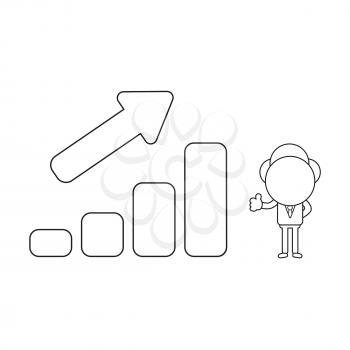 Vector illustration concept of businessman character with sales bar graph moving up and giving thumbs-up. Black outline.
