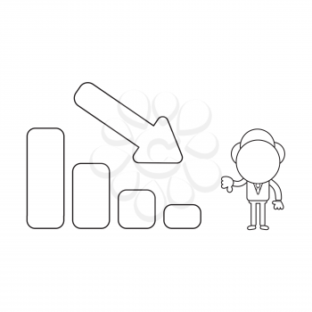 Vector illustration concept of businessman character with sales bar graph moving down and giving thumbs-down. Black outline.