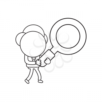 Vector illustration concept of businessman character walking and holding magnifying glass. Black outline.