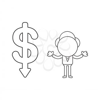 Vector illustration concept of businessman character with dollar symbol arrow moving down. Black outline.