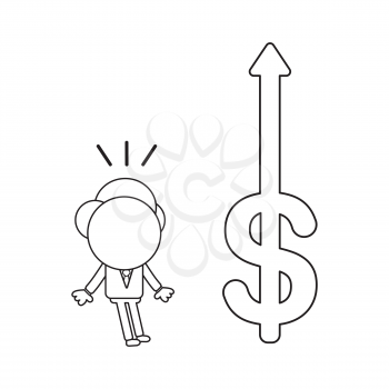 Vector illustration concept of businessman character surprised at dollar symbol arrow moving up. Black outline.