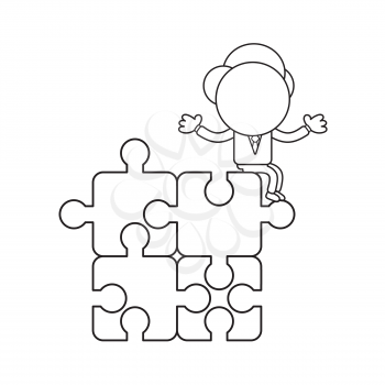 Vector illustration concept of businessman character standing on four connected jigsaw puzzle pieces. Black outline.