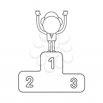 Vector illustration concept of businessman character standing on first place of winners podium. Black outline.