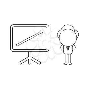 Vector illustration concept of businessman character with sales chart arrow moving up. Black outline.