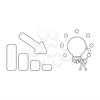 Vector illustration concept of businessman character carrying glowing light bulb idea to sales bar graph moving down. Black outline.