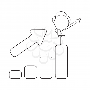 Vector illustration concept of businessman character standing on top of sales bar graph moving up. Black outline.