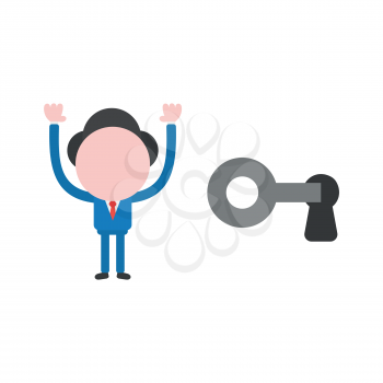 Vector cartoon illustration concept of faceless businessman mascot character unlock with key symbol icon and raising arms up.