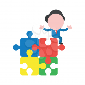 Vector cartoon illustration concept of faceless businessman mascot character sitting on blue, red, yellow and green connected jigsaw puzzle pieces symbol icon.