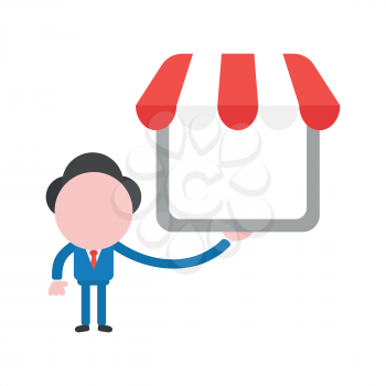 Vector cartoon illustration concept of faceless businessman mascot character holding shop symbol icon with awning.