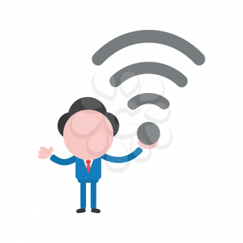 Vector cartoon illustration concept of faceless businessman mascot character holding grey wireless wifi symbol icon.