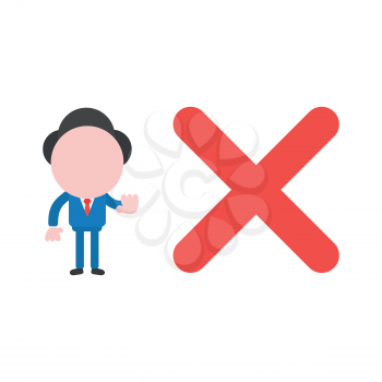 Vector cartoon illustration concept of faceless businessman mascot character with red x mark symbol icon and gesturing no sign.