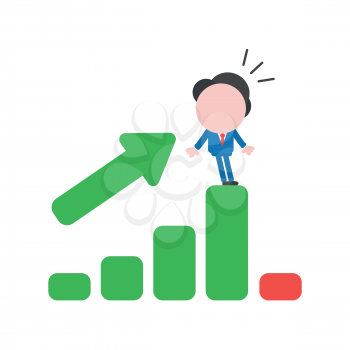 Vector illustration of businessman character being shocked on sales bar chart icon moving up and down