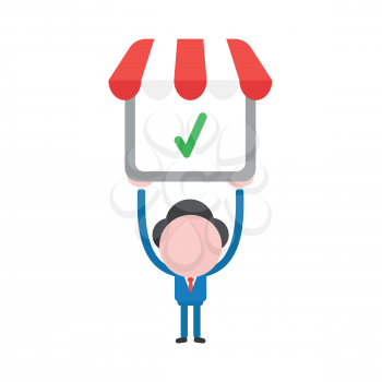Vector illustration of businessman character holding up shop store icon with green check mark.