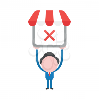 Vector illustration of businessman character holding up shop store icon with red x mark.