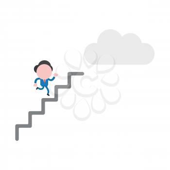 Vector illustration of businessman character running on stairs to reach cloud icon.
