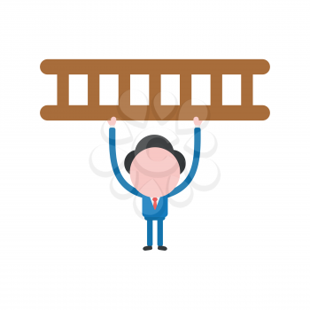 Vector illustration of businessman character holding up wooden ladder icon.