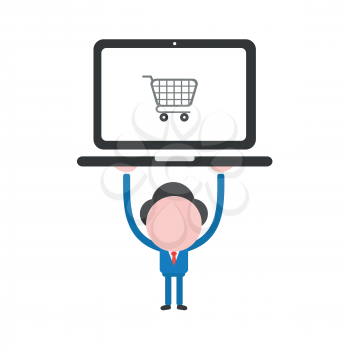 Vector illustration of businessman character holding up black laptop computer with grey shopping cart icon.