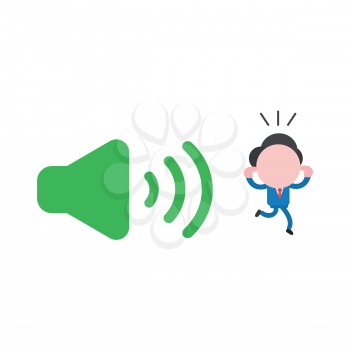 Vector illustration of businessman character close ears with fingers and running away from loud voice green speaker sound icon.