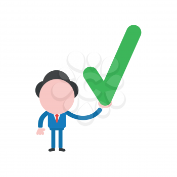 Vector illustration of businessman character holding green check mark icon.
